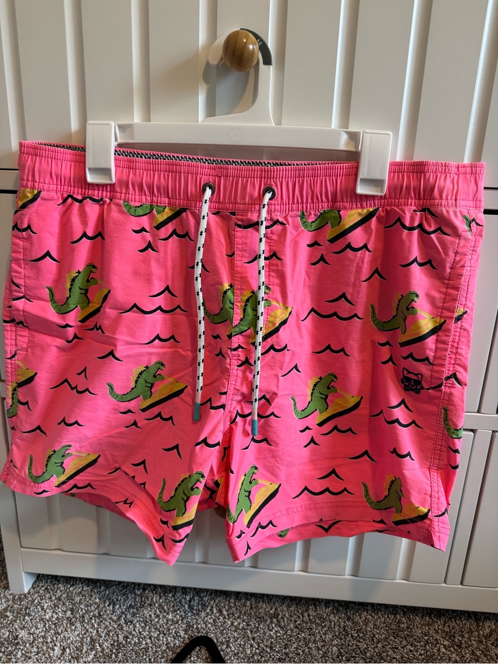 Men's Neon Swim Trunks with Green Dino Print